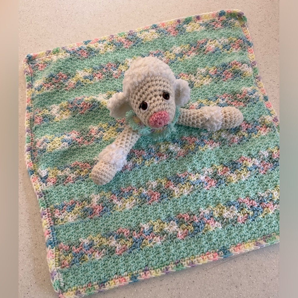 New Hand crafted Baby Lovey Lamb crocheted blanket. Adorable! Snuggly